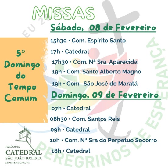 Confira os horários de missas para o fim de semana, dias 8 e 9 de fevereiro