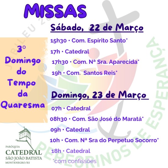 Confira os horários de missas para o fim de semana, dias 22 e 23 de março