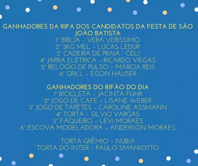 Ganhadores das Rifas da Festa