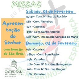Confira os horários de missas para o fim de semana, dias 1º e 2 de fevereiro