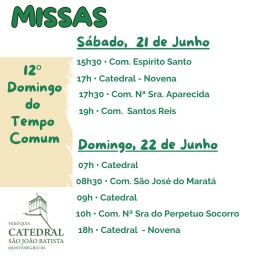 Confira os horários de missas para o fim de semana, dias 21 e 22 de maio