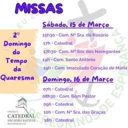 Confira os horários de missas para o fim de semana, dias 15 e 16 de março